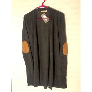 First Look Women Gray Cardigan Sweater Large Elbow Patches Knit Open Front